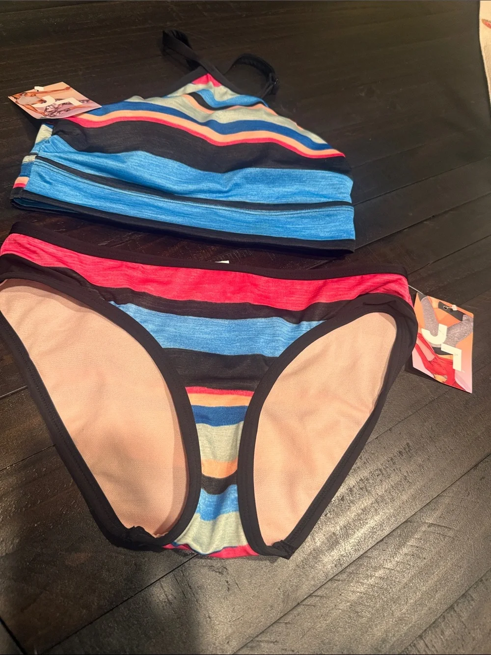 JoyLab Striped Crop Swim Top & Bikini Bottoms Blue, Red, Black NWT Size S
